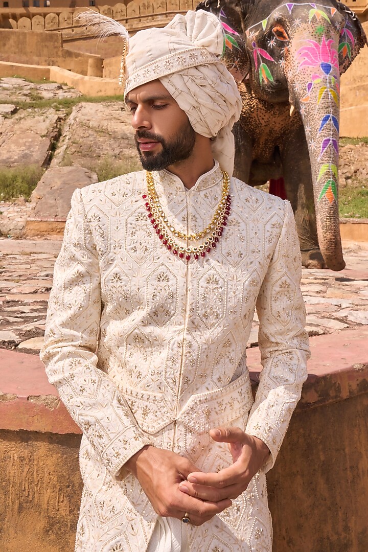 Off-White Viscose Silk Hand & Machine Embroidered Groom Sherwani Set by STEEL at Pernia's Pop Up Shop