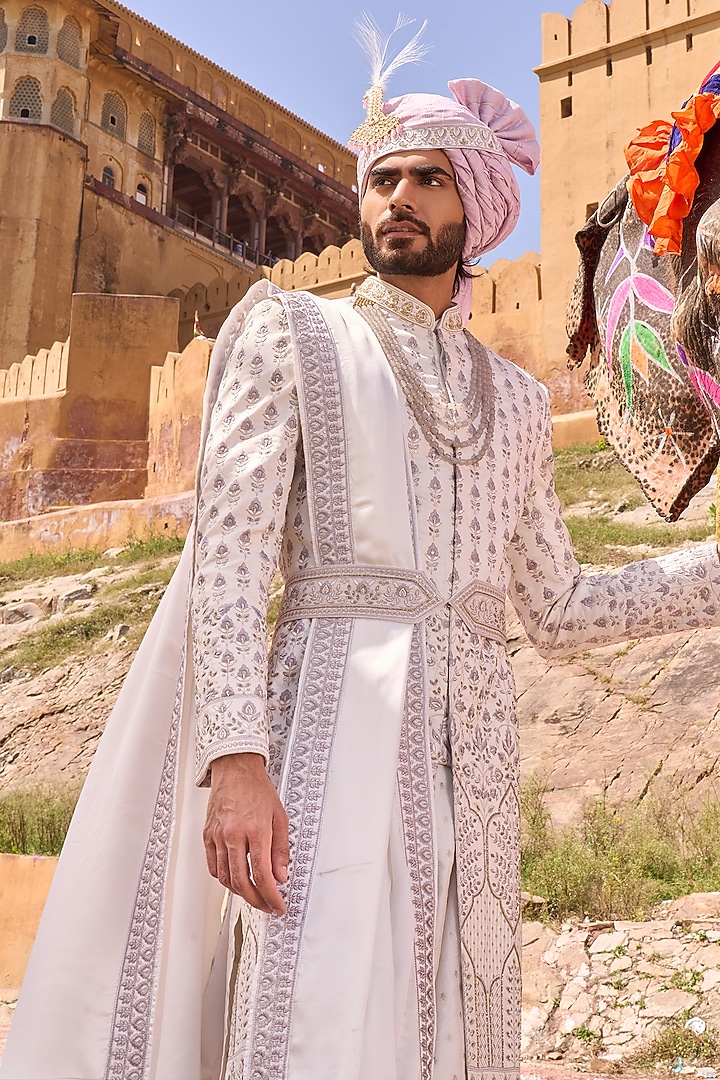 Off-White Viscose Silk Hand & Machine Embroidered Groom Sherwani Set by STEEL at Pernia's Pop Up Shop