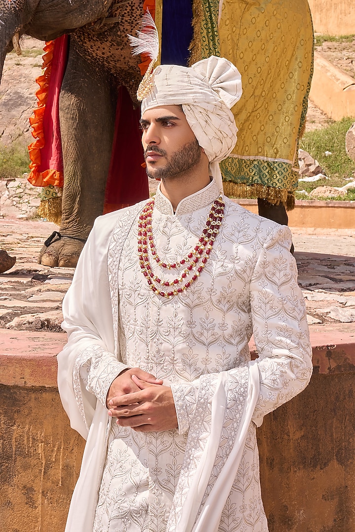 Off-White Viscose Silk Hand Machine Embroidered Wedding Sherwani