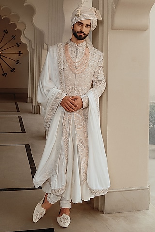 Ivory Raw Silk Hand Embroidered Sherwani Set by STEEL