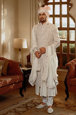 Ivory Raw Silk Hand Embroidered Sherwani Set by STEEL