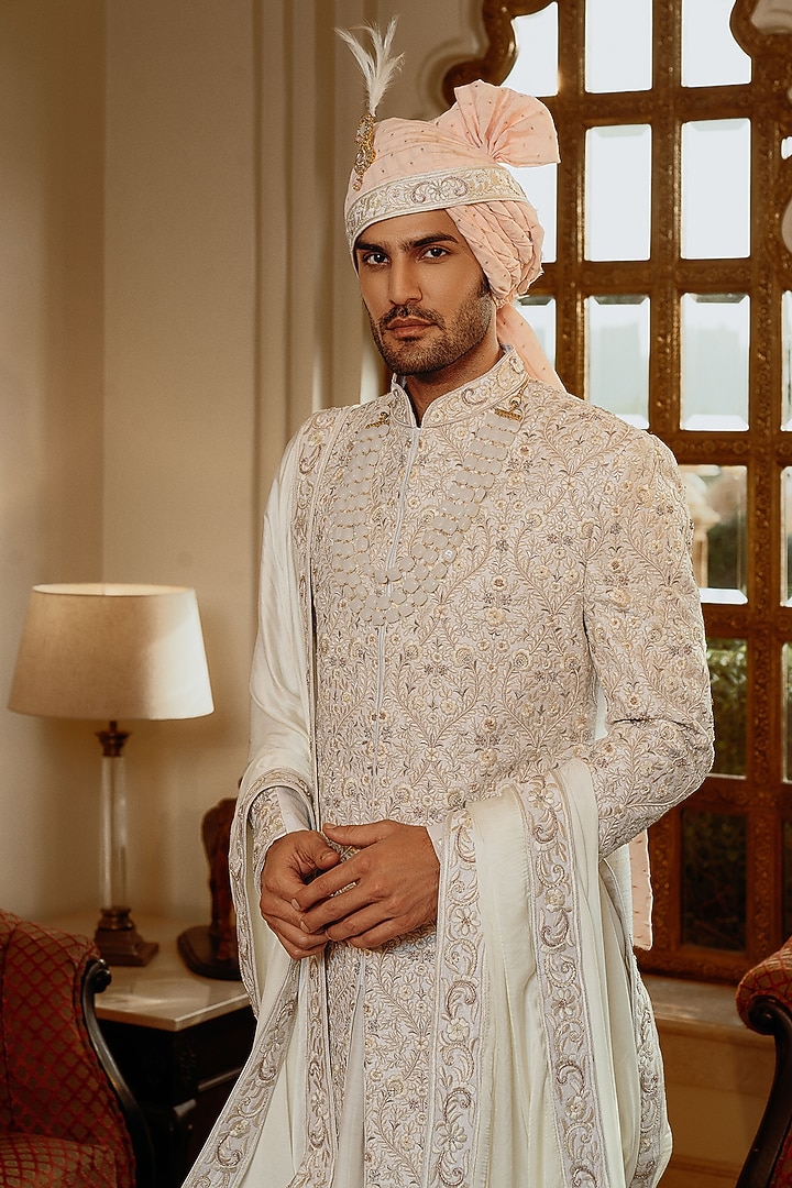 Ivory Raw Silk Hand Embroidered Groom Sherwani Set by STEEL at Pernia's Pop Up Shop