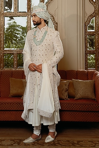 Ivory Raw Silk Hand Embroidered Sherwani Set by STEEL