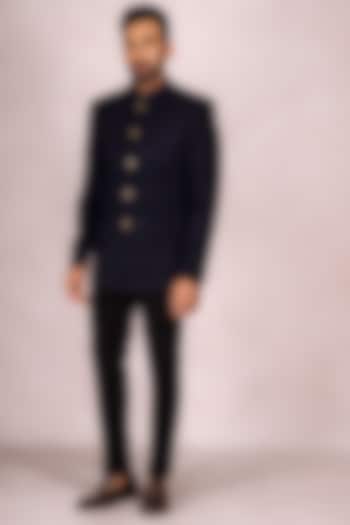 Navy Blue Velvet Embroidered Wedding Bandhgala Set by STEEL at Pernia's Pop Up Shop