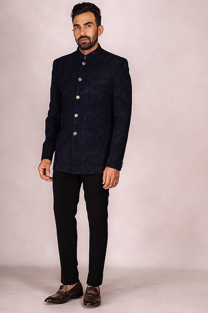 Navy Blue Velvet Embroidered Wedding Bandhgala Set by STEEL at Pernia's Pop Up Shop