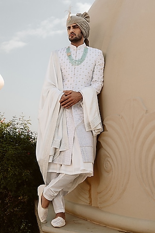 Off-White Raw Silk Hand Embroidered Sherwani Set by STEEL