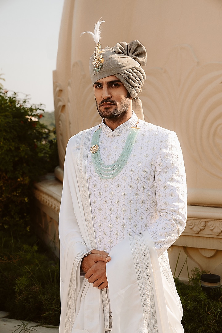 Off-White Raw Silk Hand Embroidered Groom Sherwani Set by STEEL at Pernia's Pop Up Shop