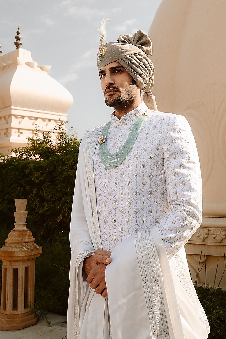 Off-White Raw Silk Hand Embroidered Groom Sherwani Set by STEEL at Pernia's Pop Up Shop