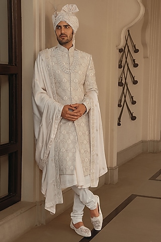 Ivory Silk Hand Embroidered Sherwani Set by STEEL