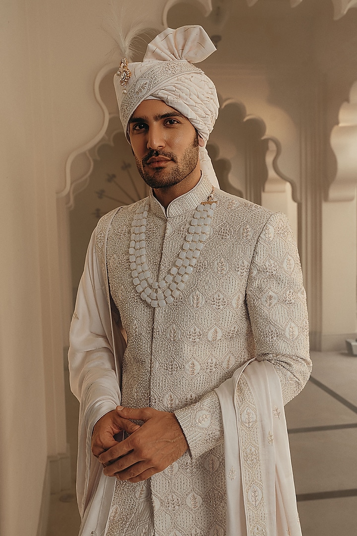 Ivory Silk Hand Embroidered Groom Sherwani Set by STEEL at Pernia's Pop Up Shop