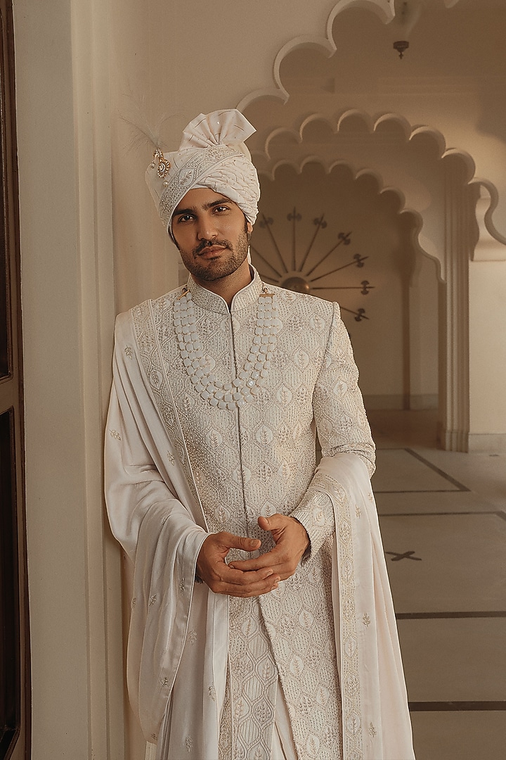 Ivory Silk Hand Embroidered Groom Sherwani Set by STEEL at Pernia's Pop Up Shop
