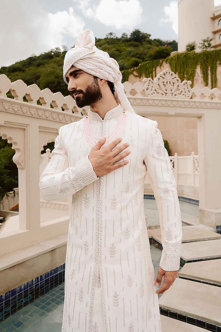 Ivory Silk Hand Embroidered Groom Sherwani Set by STEEL at Pernia's Pop Up Shop