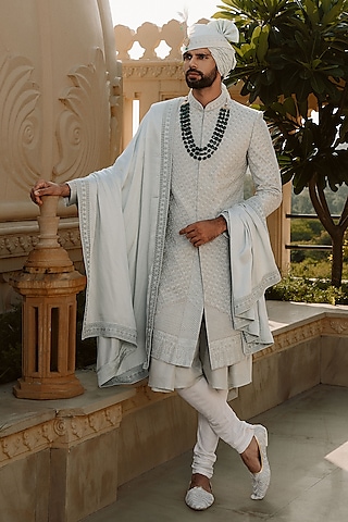 Pista Green Silk Hand Embroidered Sherwani Set by STEEL