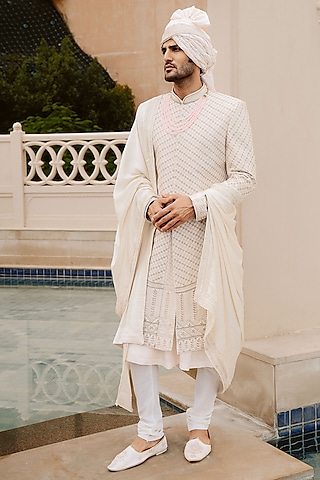 Ivory Silk Hand Embroidered Sherwani Set by STEEL
