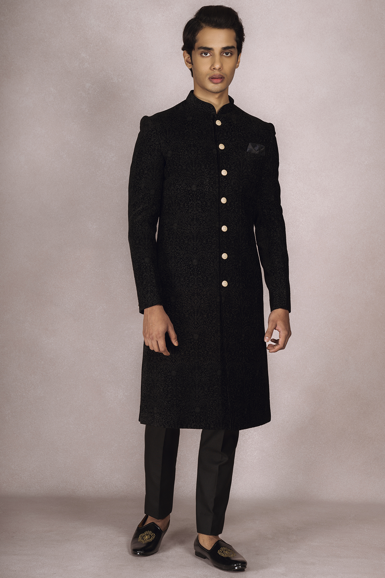 Black Velvet Embroidered Sherwani Set by STEEL