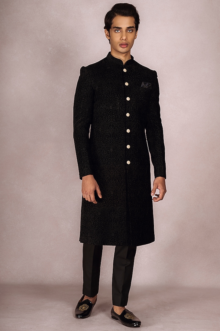 Black Velvet Embroidered Sherwani Set by STEEL