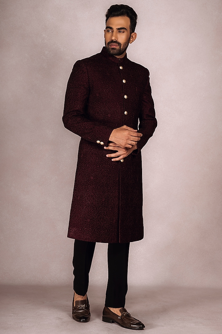 Wine Velvet Embroidered Sherwani Set by STEEL