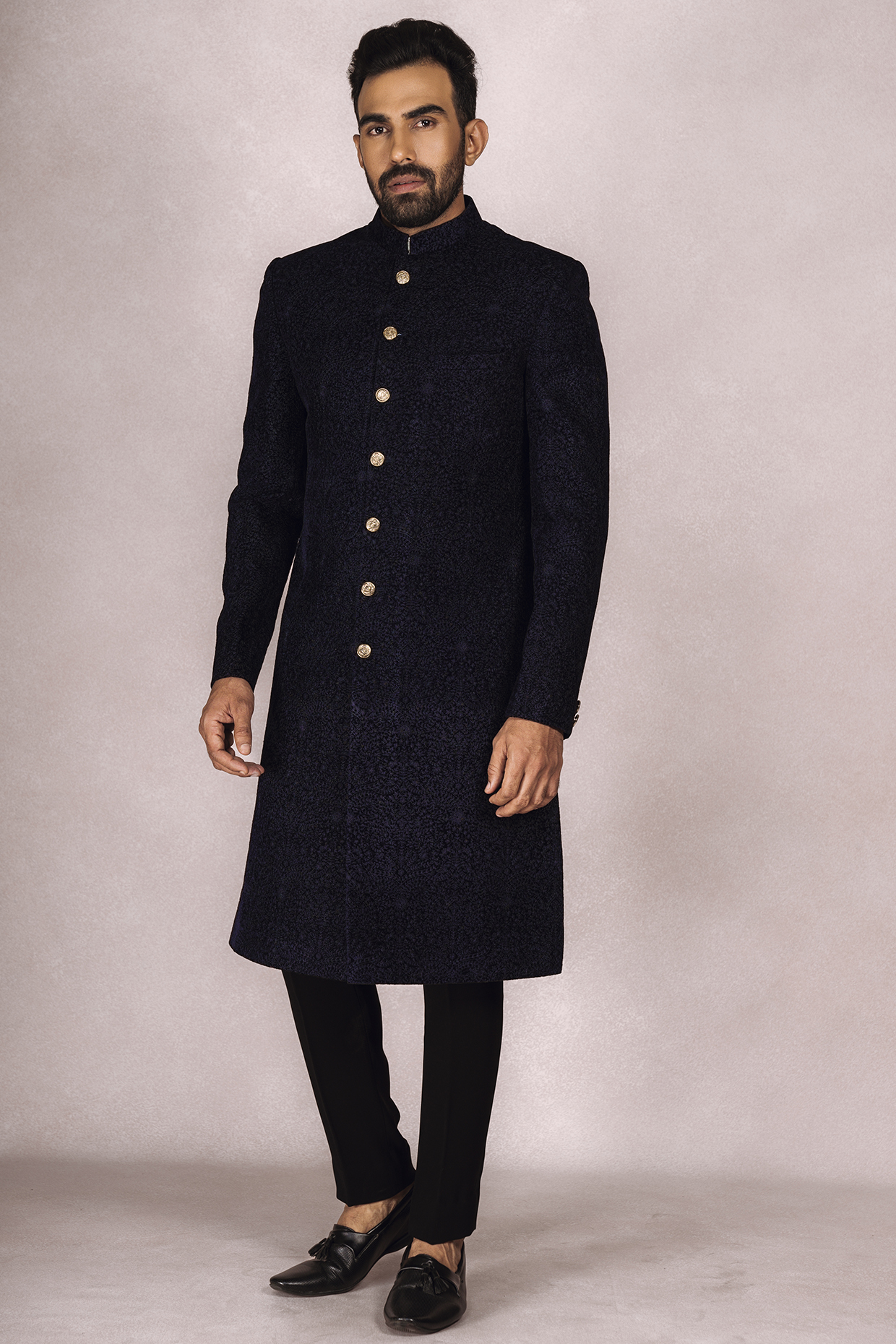 Navy Blue Velvet Embroidered Sherwani Set by STEEL