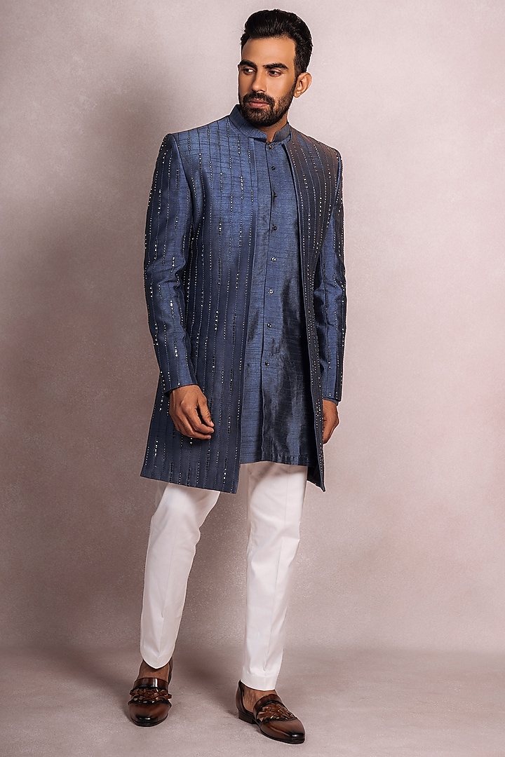 Blue Silk Embroidered Indo-Western Set by STEEL