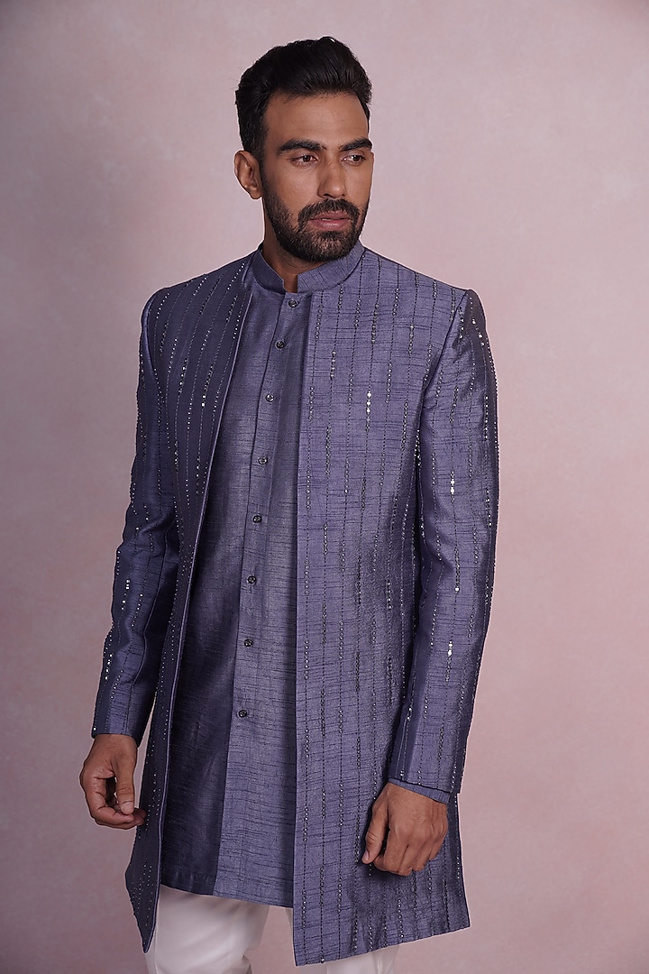 Blue Silk Embroidered Indo-Western Set by STEEL at Pernia's Pop Up Shop