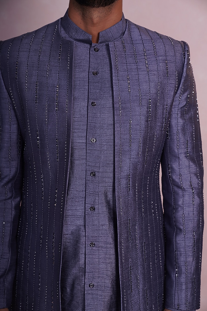 Blue Silk Embroidered Indo-Western Set by STEEL at Pernia's Pop Up Shop