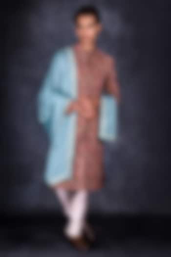 Maroon Velvet Printed Sherwani Set by STEEL