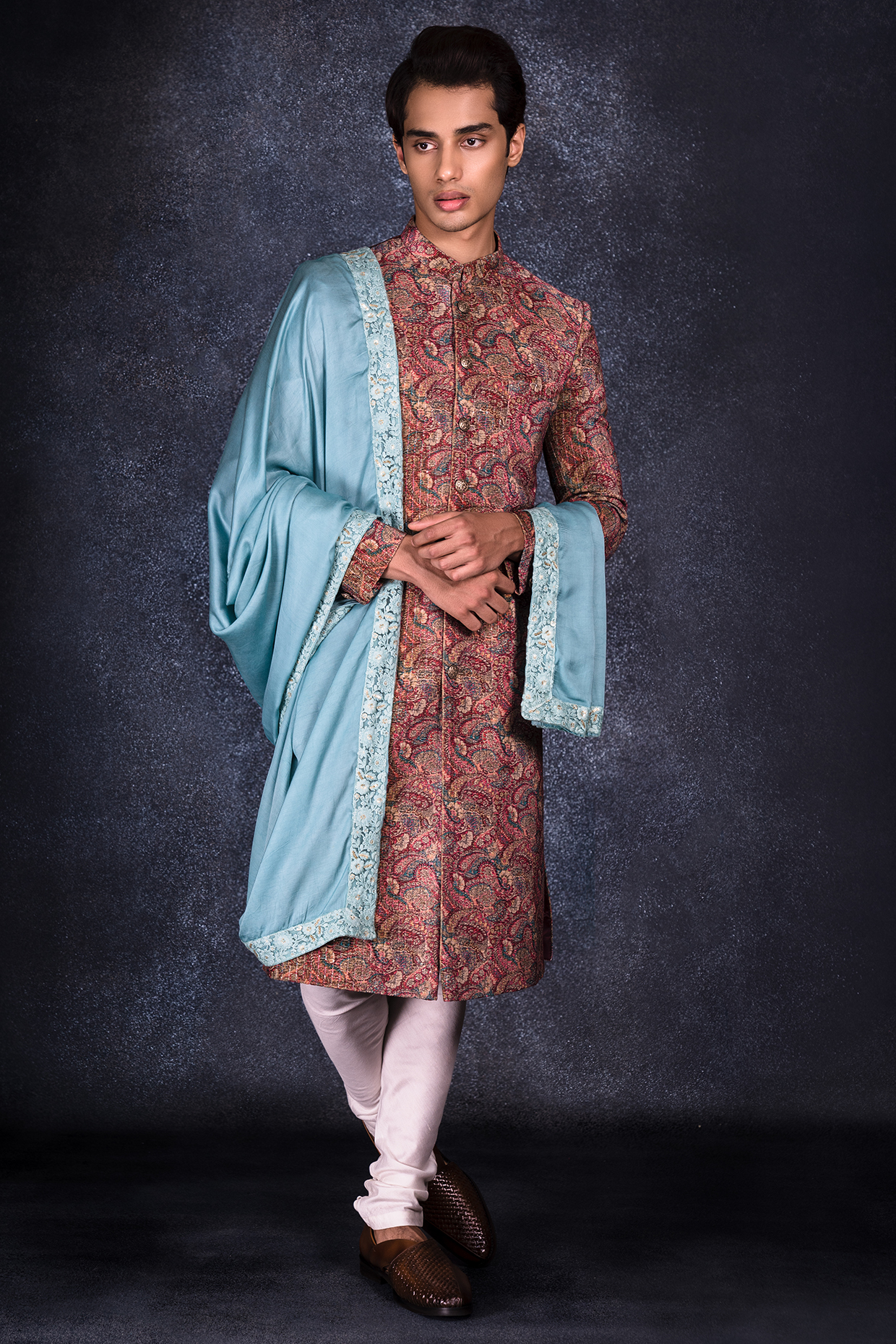 Maroon Velvet Printed Sherwani Set by STEEL