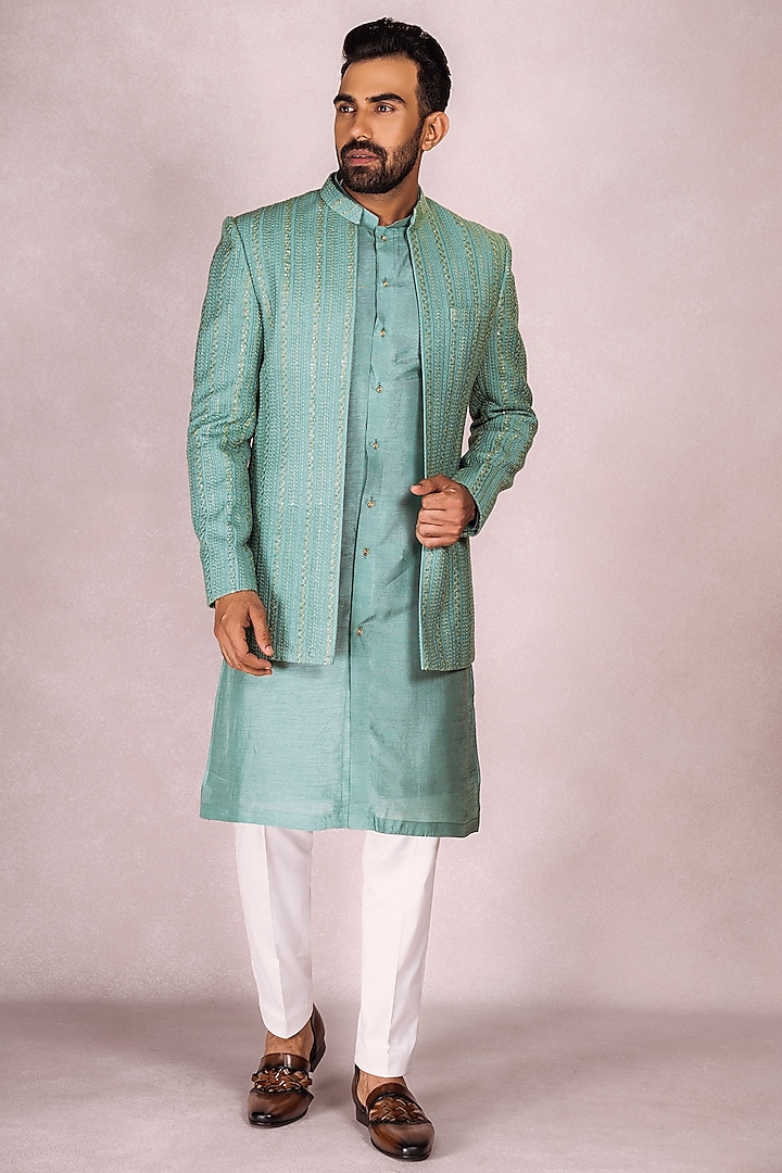 Turquoise Silk Embroidered Indo-Western Set by STEEL