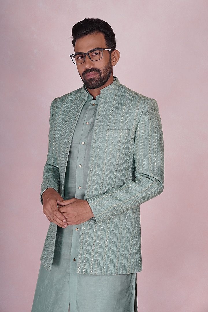 Turquoise Silk Embroidered Indo-Western Set by STEEL at Pernia's Pop Up Shop