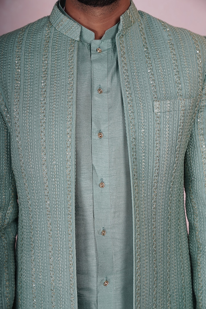 Turquoise Silk Embroidered Indo-Western Set by STEEL at Pernia's Pop Up Shop