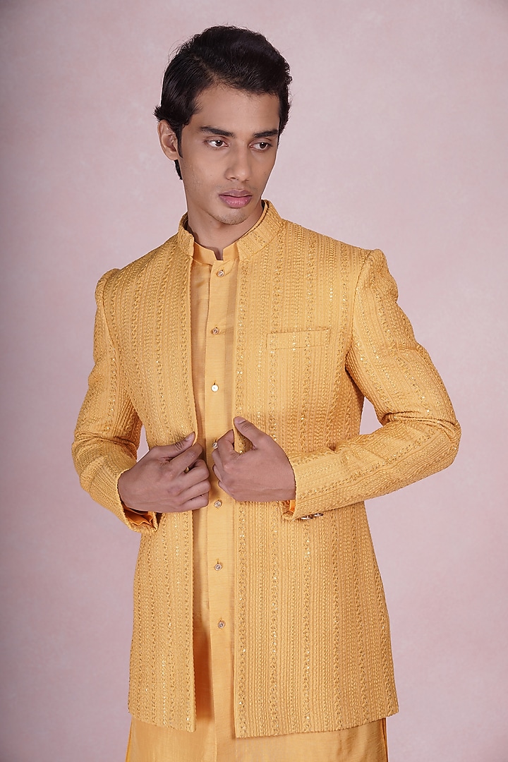 Mustard Silk Embroidered Indo-Western Set by STEEL at Pernia's Pop Up Shop