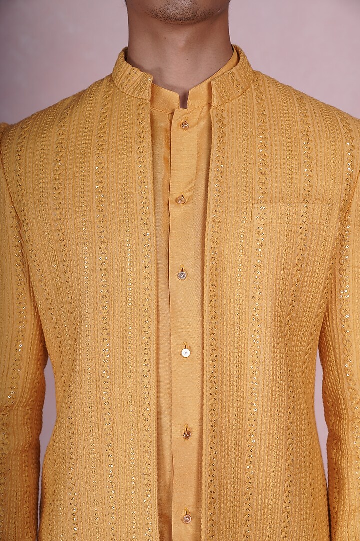 Mustard Silk Embroidered Indo-Western Set by STEEL at Pernia's Pop Up Shop