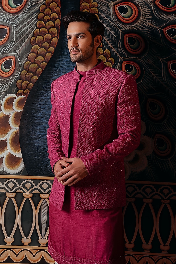 Magenta Silk Embroidered Indo-Western Set by STEEL at Pernia's Pop Up Shop