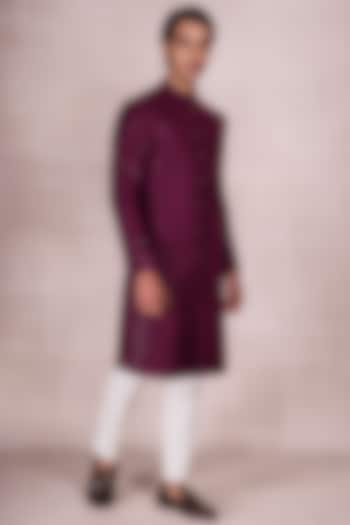 Wine Velvet Embroidered Sherwani Set by STEEL