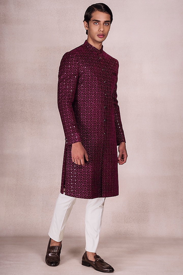 Wine Velvet Embroidered Sherwani Set by STEEL