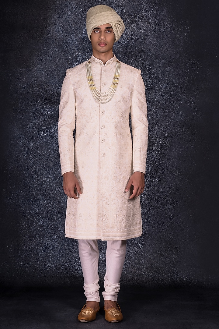 Off-White Lucknowi Hand Embroidered Sherwani Set by STEEL