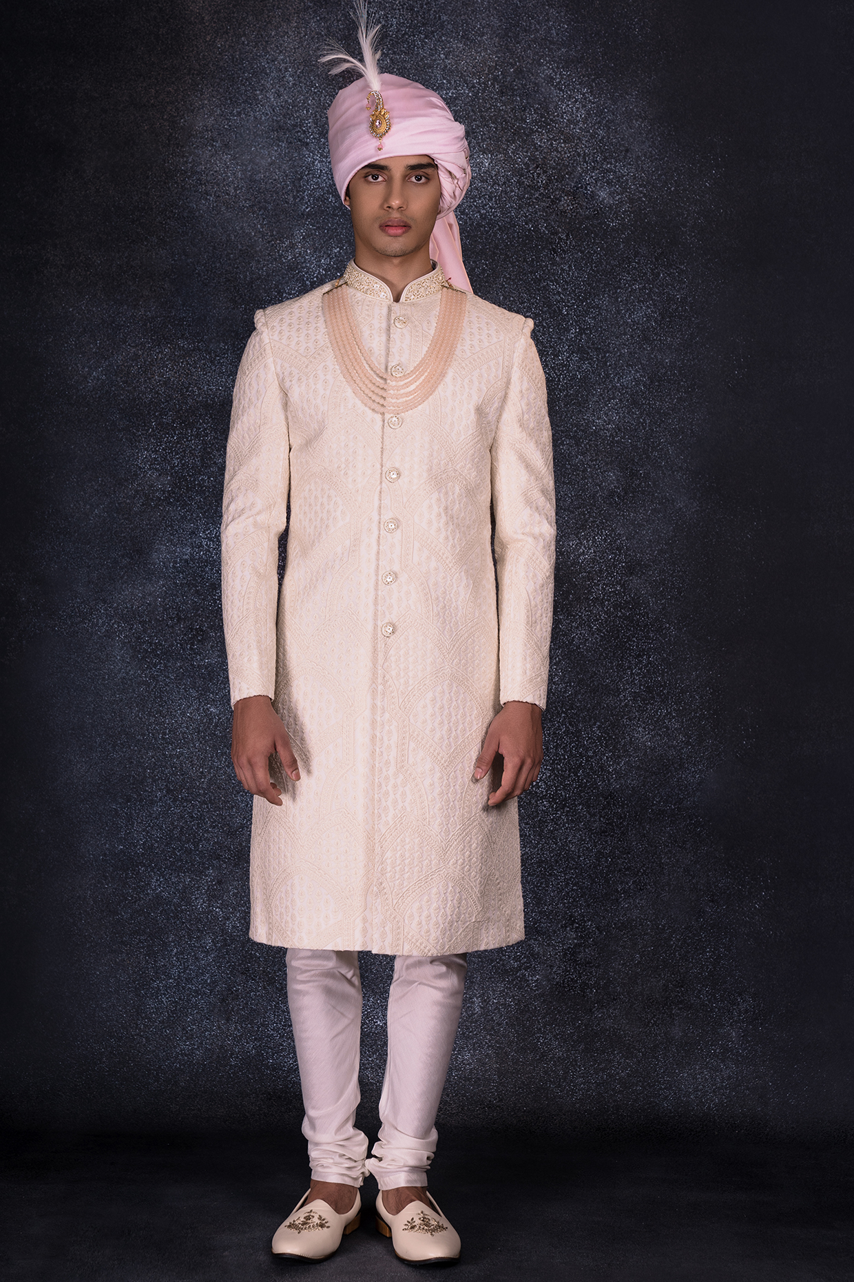 Off-White Lucknowi Hand Embroidered Sherwani Set by STEEL
