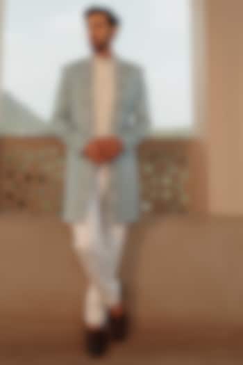 Sky Blue Suiting Hand Embroidered Indo-Western Set by STEEL at Pernia's Pop Up Shop