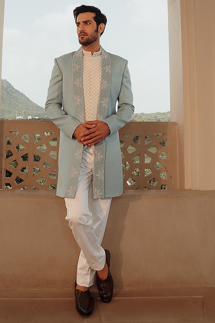 Sky Blue Suiting Hand Embroidered Indo-Western Set by STEEL at Pernia's Pop Up Shop