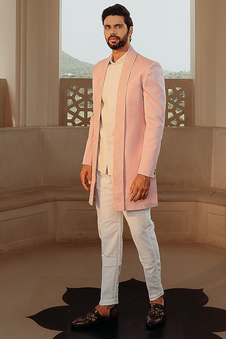 Blush Pink Suiting Hand Embroidered Indo-Western Set by STEEL at Pernia's Pop Up Shop