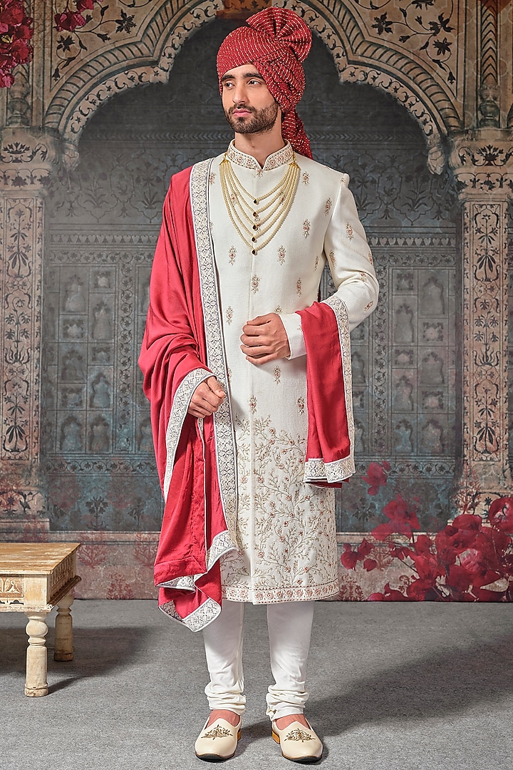Off-White Hand Embroidered Sherwani Set by STEEL