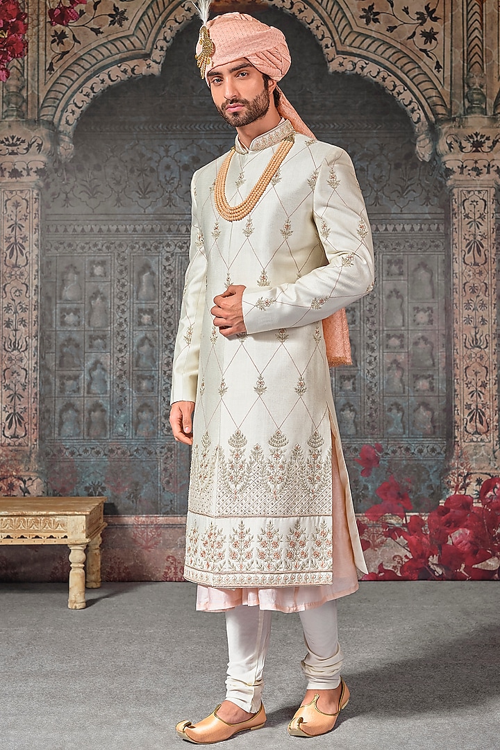 Off-White Silk Embroidered Sherwani Set by STEEL
