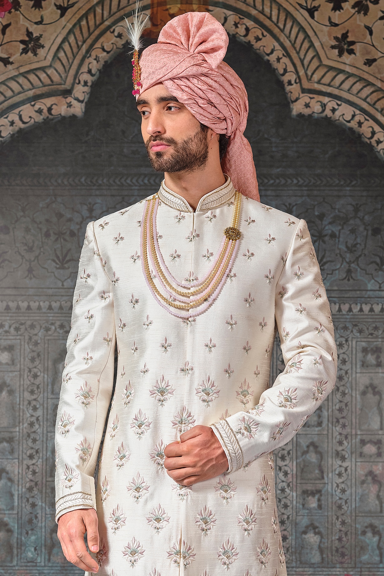 Tint Pink Embroidered Sherwani Set by STEEL