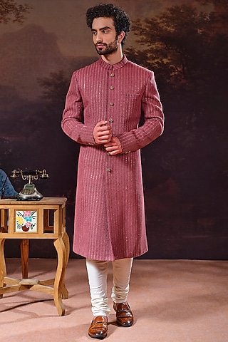 Rust Lucknowi Sherwani Set by STEEL