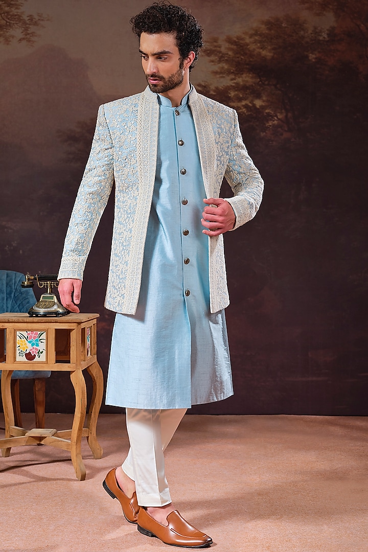 Sky Blue Embroidered Indo-Western Set by STEEL
