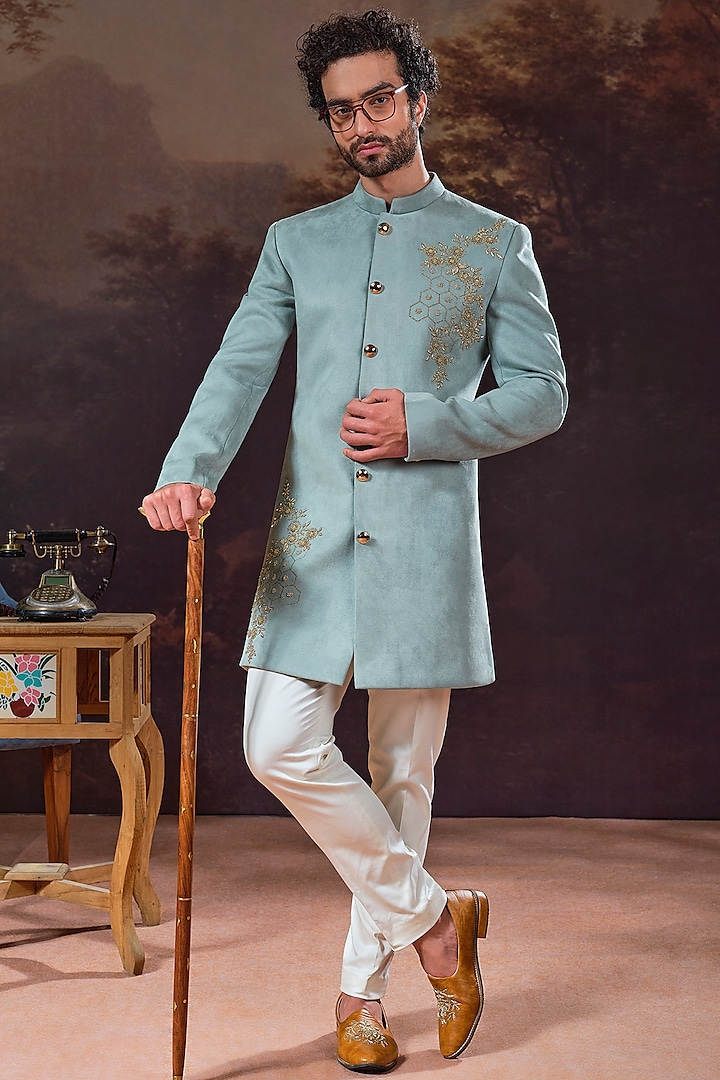 Mint Embroidered Sherwani Set by STEEL