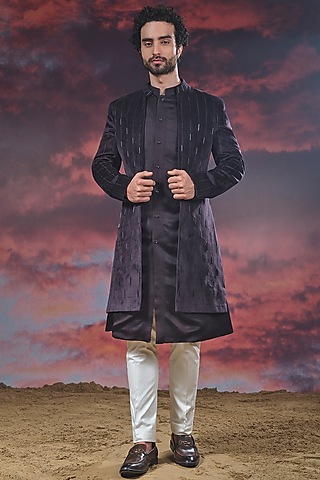Dark Purple Embroidered Indo-Western Set by STEEL