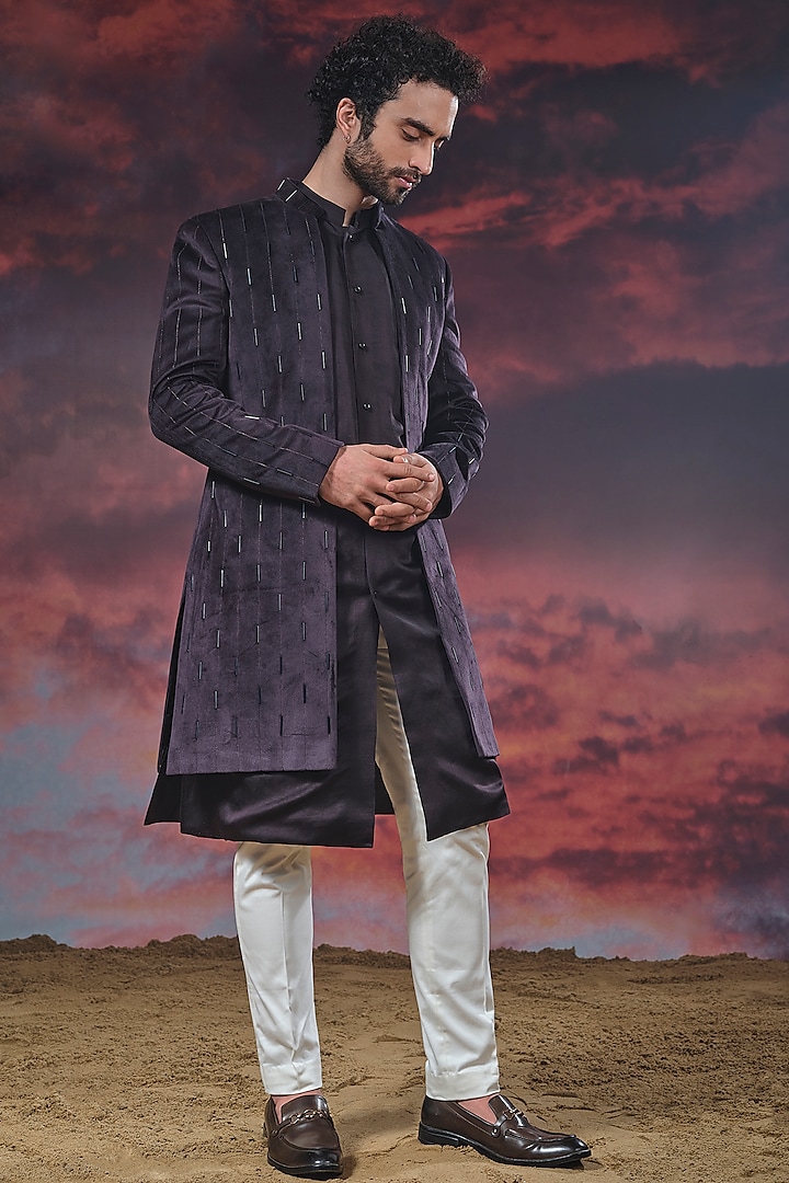 Dark Purple Embroidered Indo-Western Set by STEEL at Pernia's Pop Up Shop