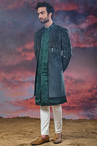 Bottle Green Embroidered Indo-Western Set by STEEL
