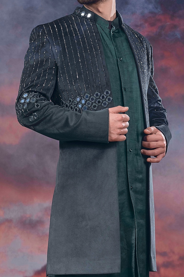Bottle Green Embroidered Indo-Western Set by STEEL at Pernia's Pop Up Shop